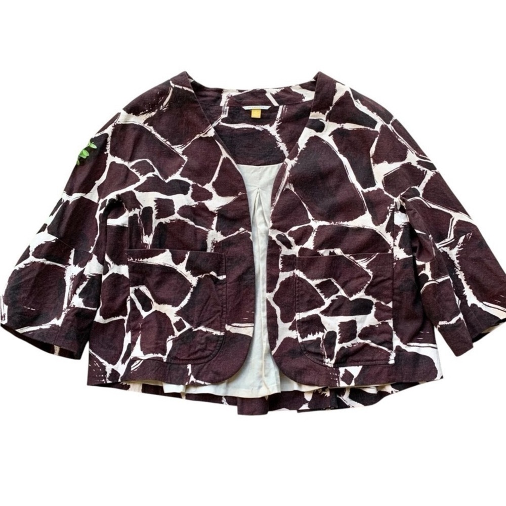 Leifsdottir Anthropologie Giraffe Linen Blend Cropped Jacket Brown Ivory Small